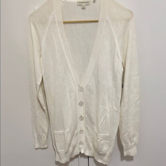 Repeat White Long Cardigan with Decorative Buttons & Patch Pockets. Size 36/XS. - Picture 1 of 10